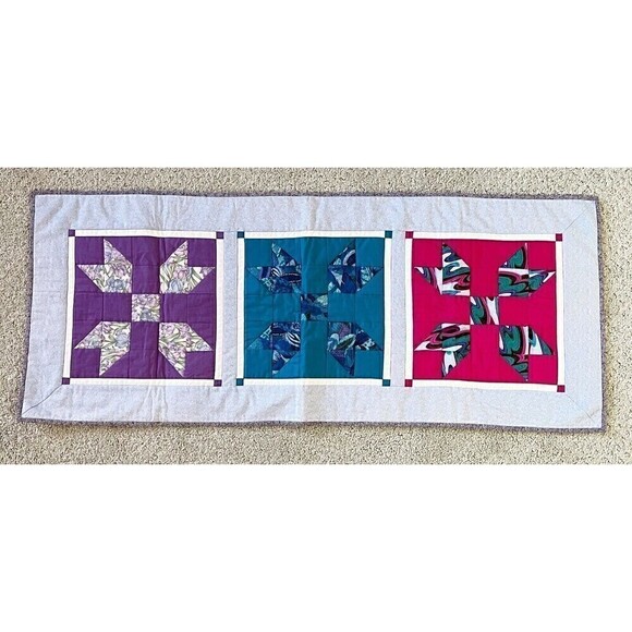 Handmade Quilted Patchwork Table Runner Pinwheel Jewel Tone Red Purple Blue - Picture 1 of 11